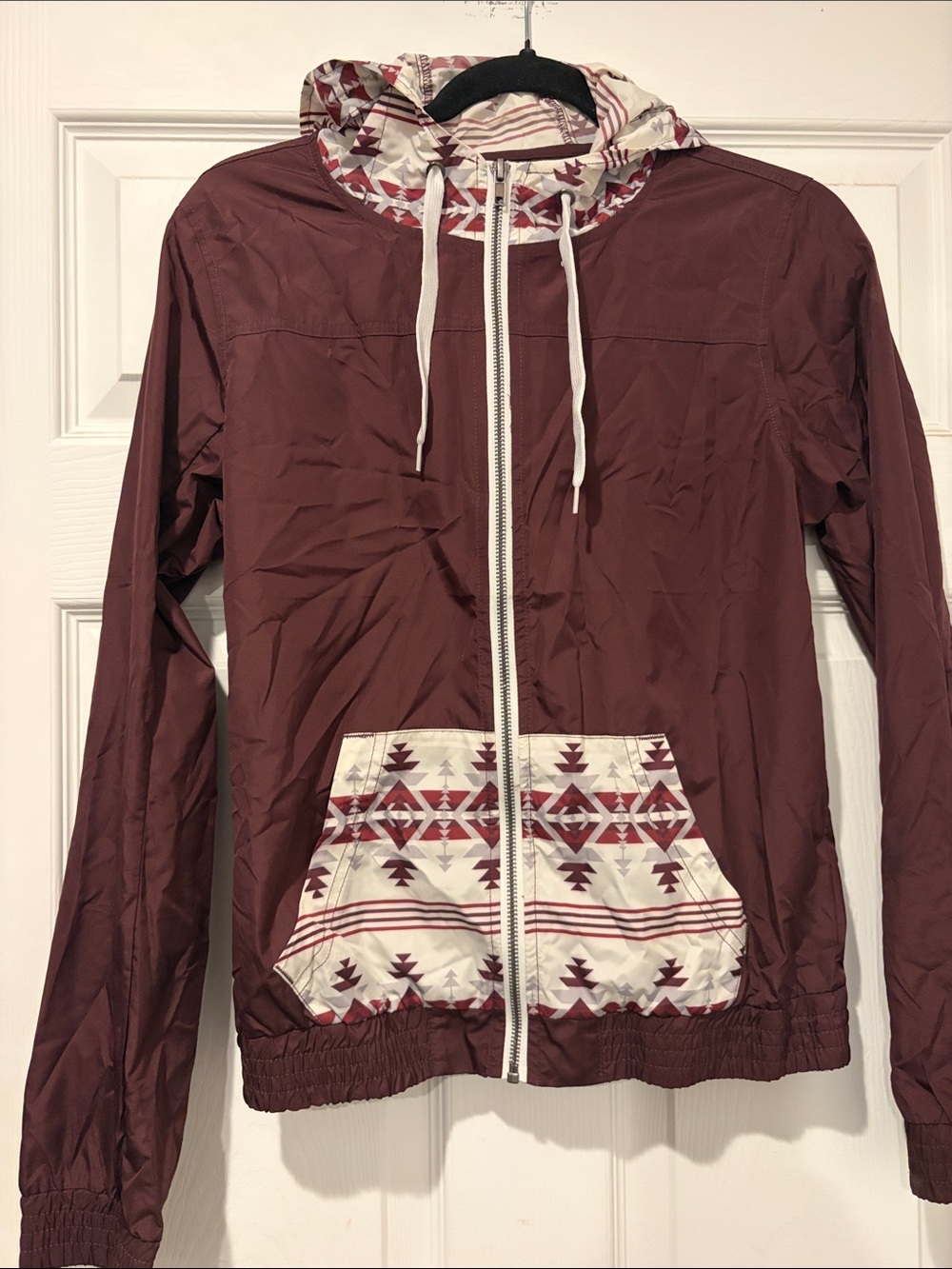 Empyre Maroon Hooded Bomber Jacket with Aztec Trim Women’s